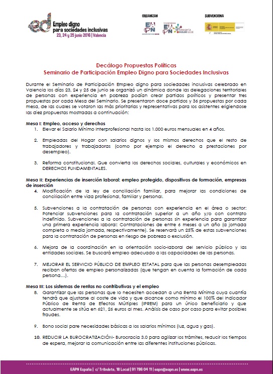 Decalogo propuestas politicas. Seminario Participación empleo digno Valencia 0616